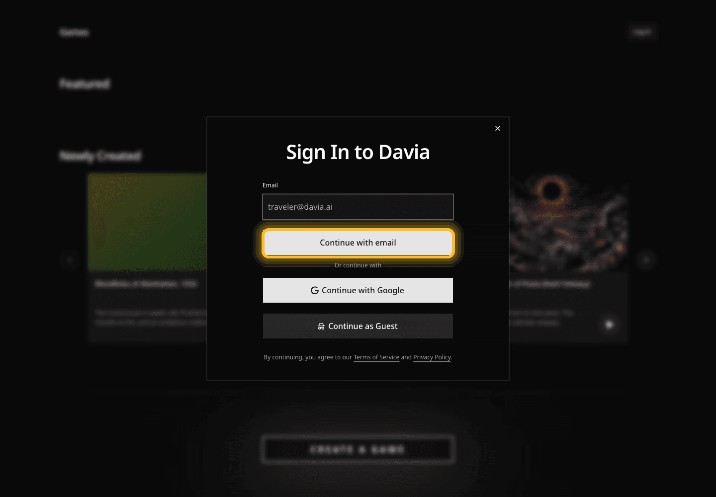 Davia sign-in email dialog