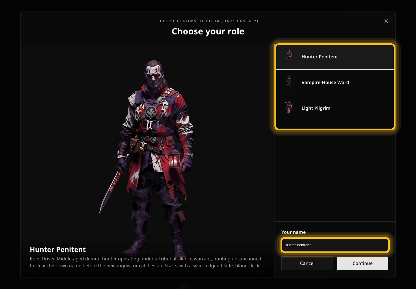 Davia character launch dialog