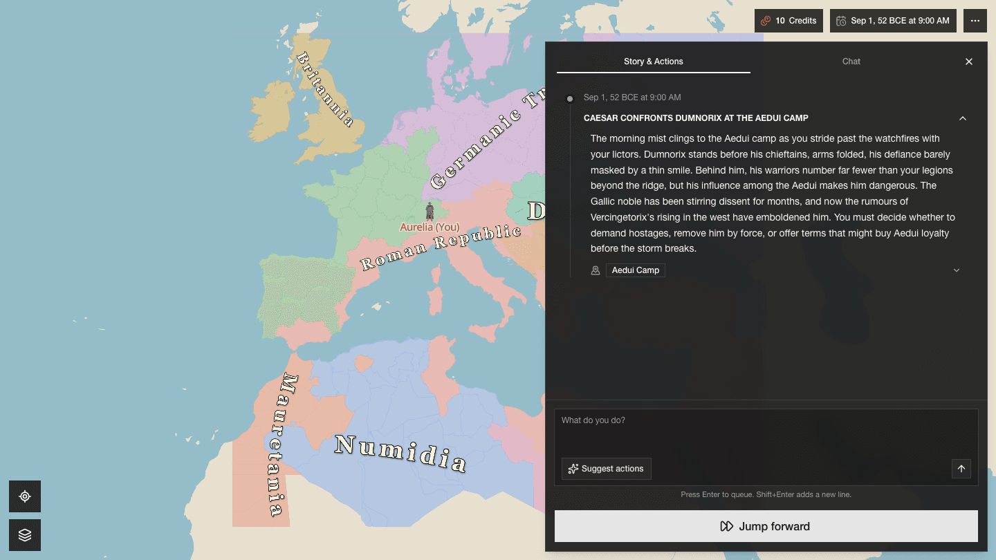 Un nuevo juego de Roma que muestra el diario, la posición del jugador y las lealtades territoriales por colores.