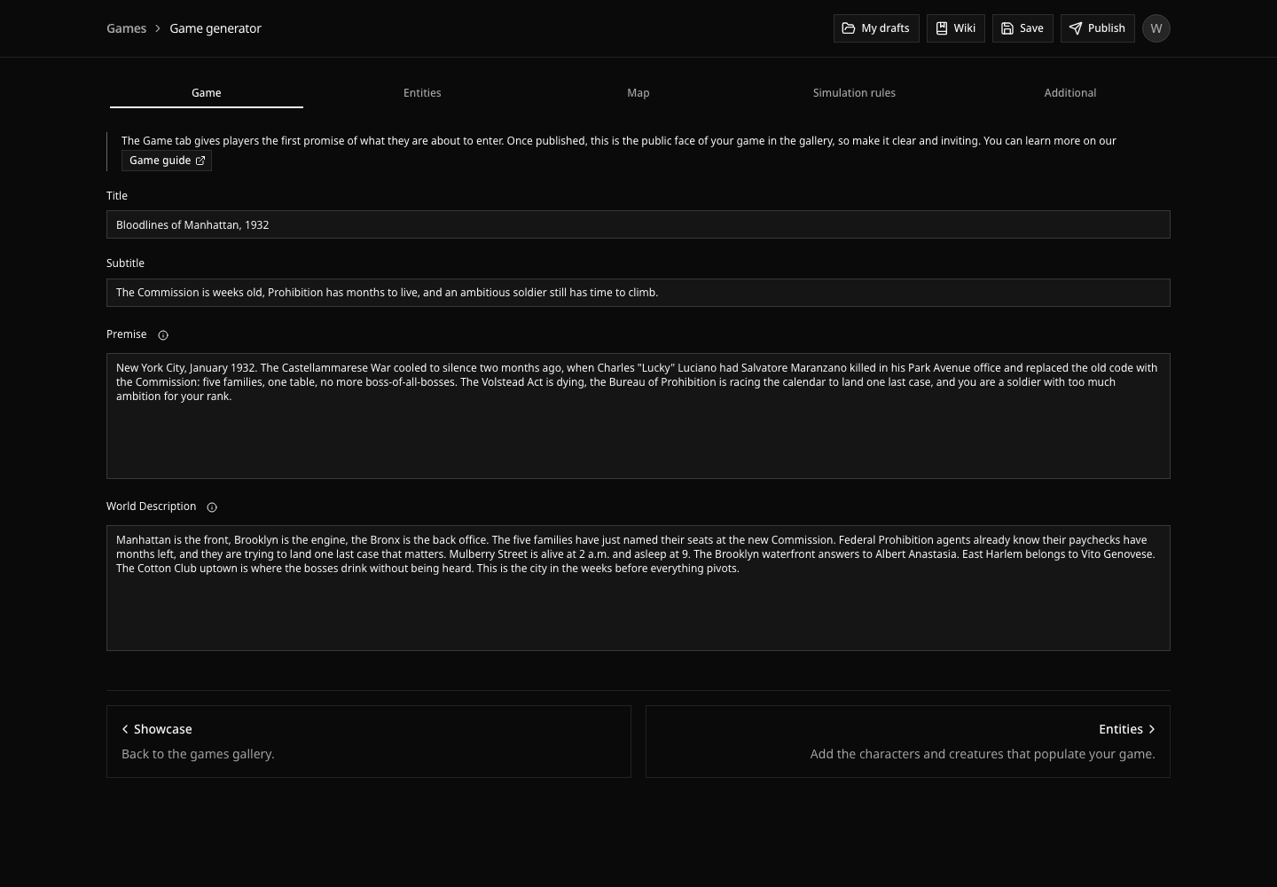 Davia game tab filled with title, subtitle, premise, and story description