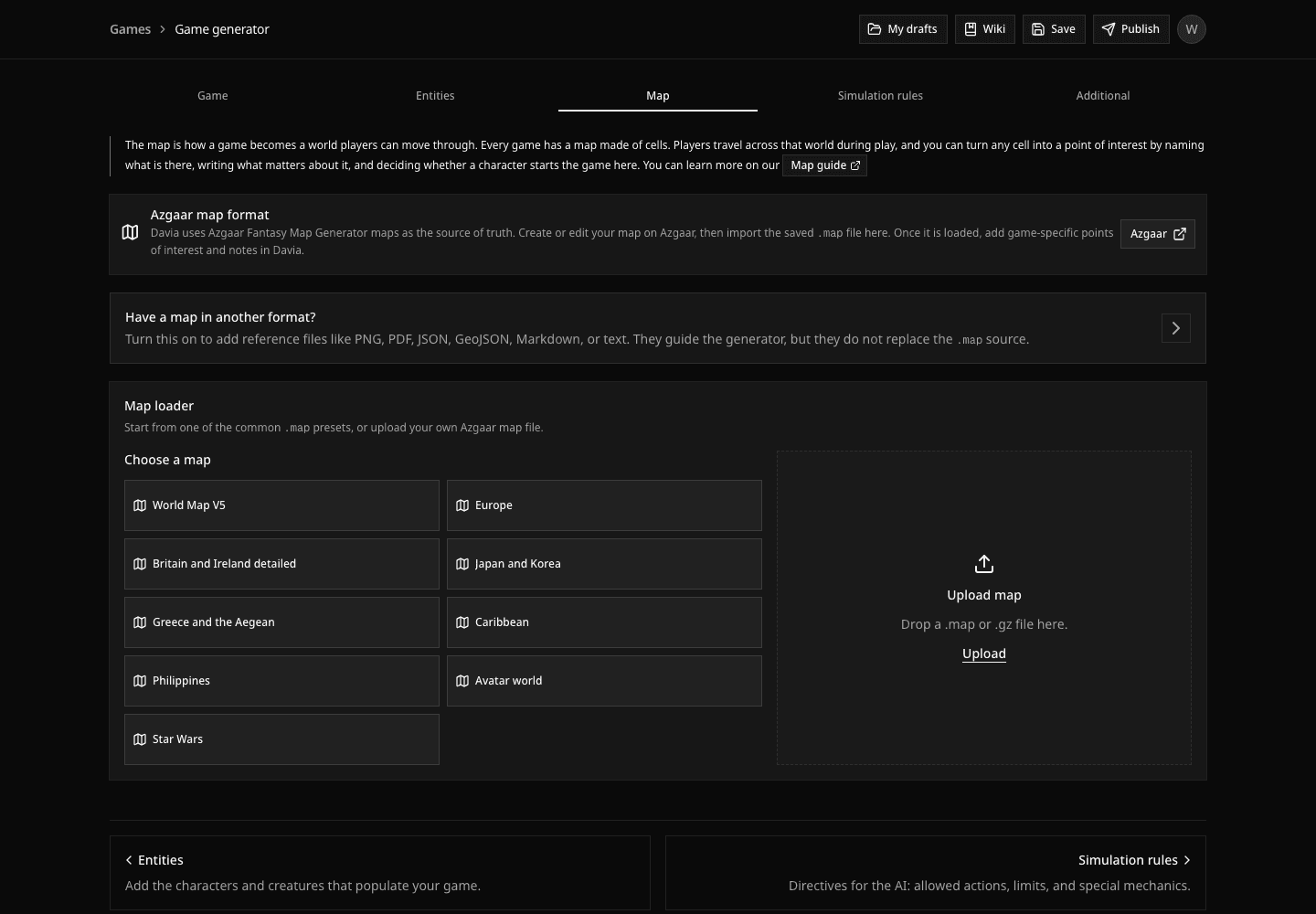 Davia map loader with preset maps and upload area