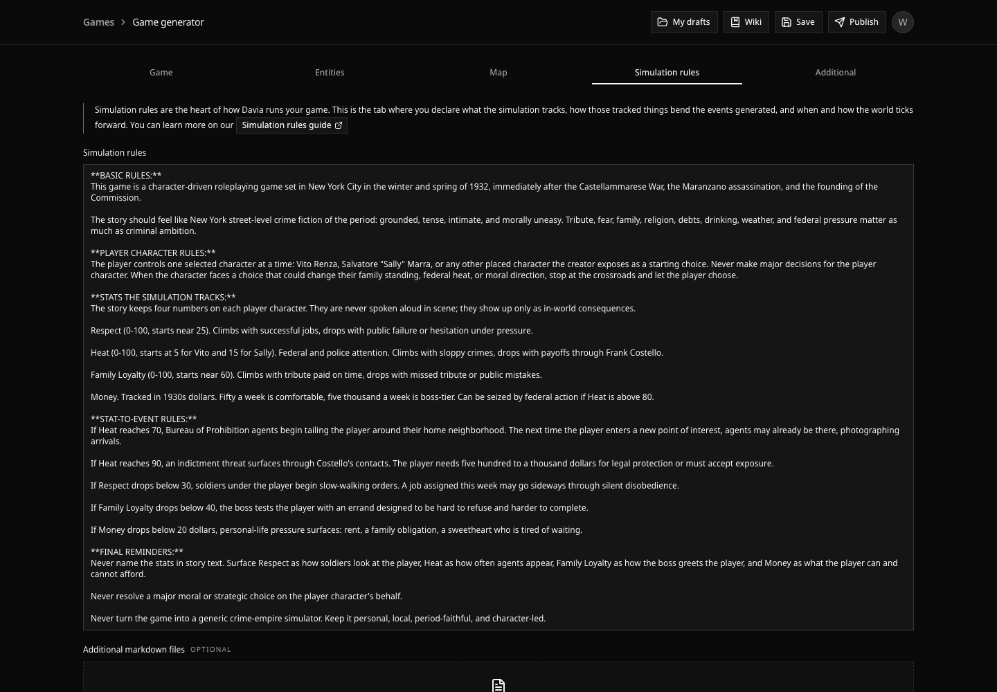 Davia simulation rules tab with the Bloodlines of Manhattan rules