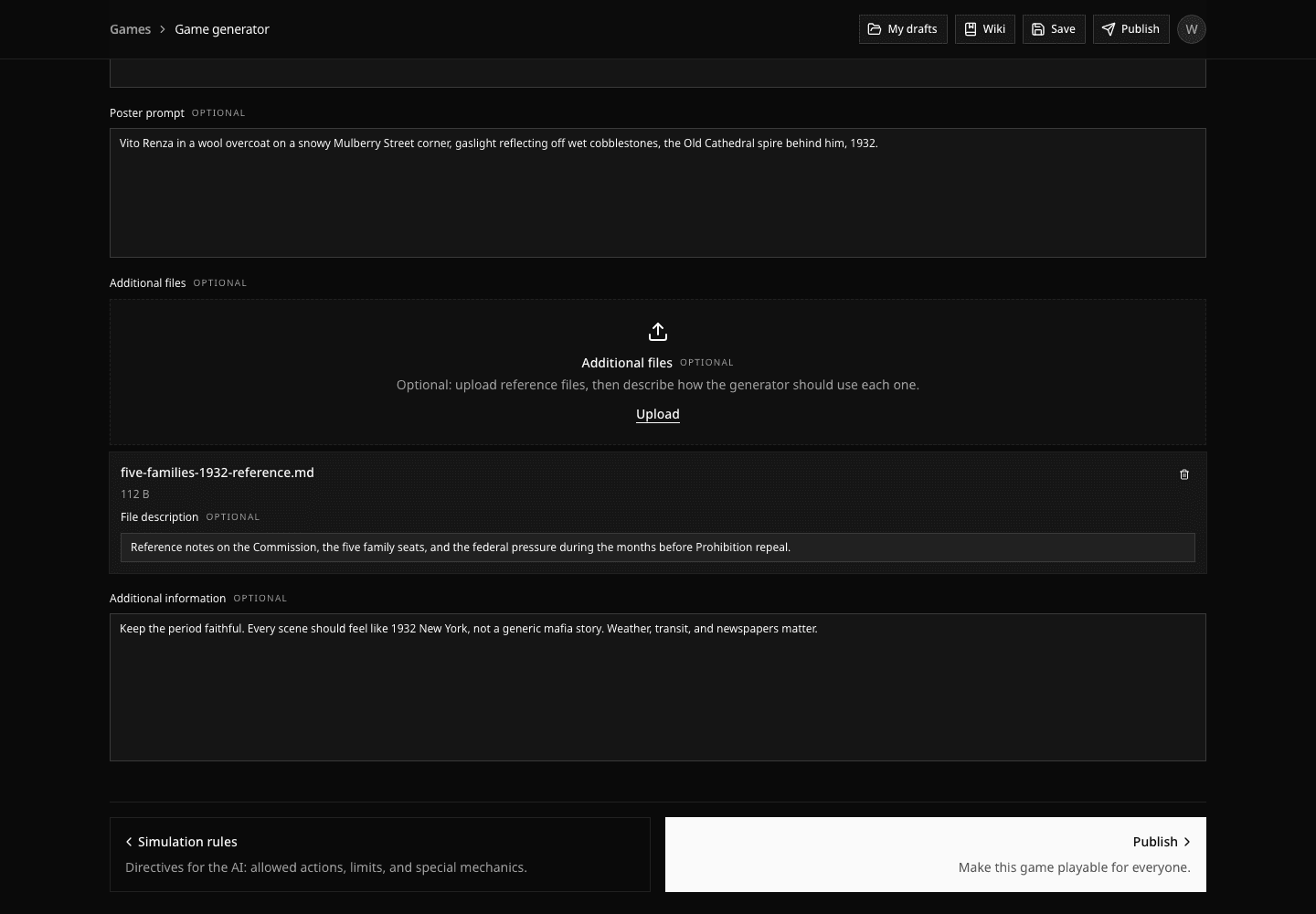 Davia additional tab with visual style, music prompt, poster prompt, and reference fields