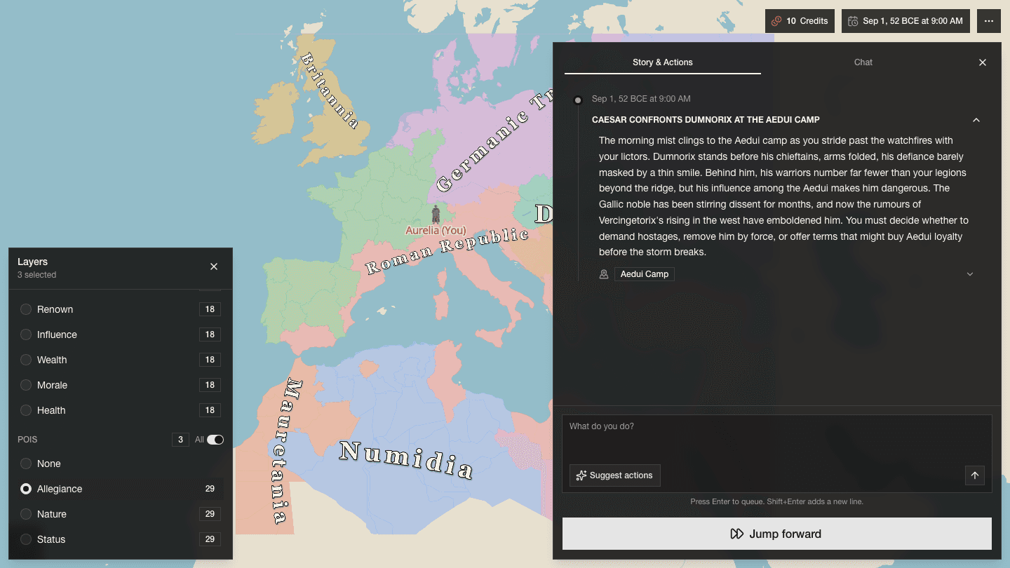 Rome map Layers panel with Allegiance selected across the colored territories