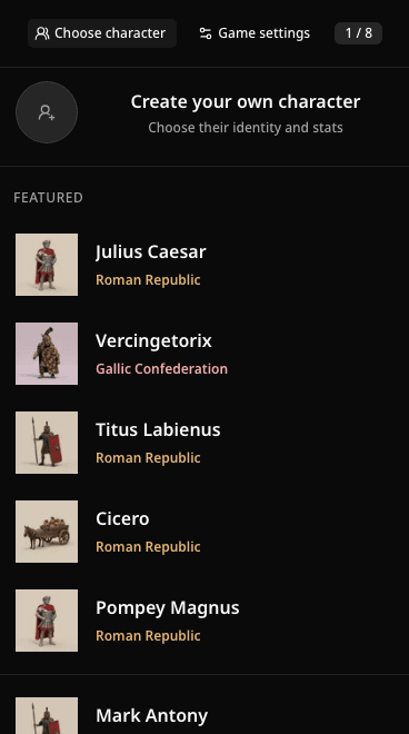 Julius Caesar, Vercingetorix ve diğer uygun rollerin bulunduğu Roma karakter listesi